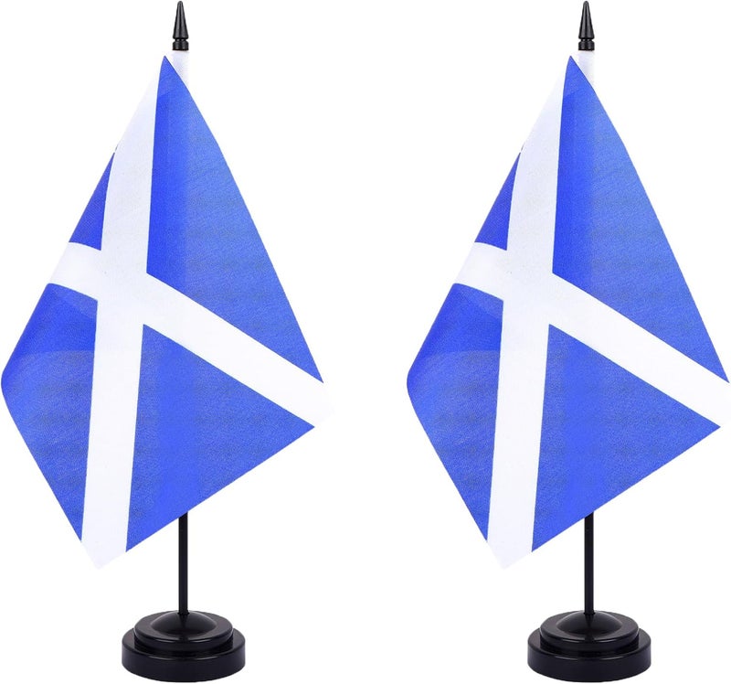 WXTWK 2 Pack Scotland Flag Scotland Deluxe Desk Flag Set - Mini Small Scot Table Office Flags with Black 12" Solid Pole Stand Base Classroom Meeting Desktop Decorations - Image 1
